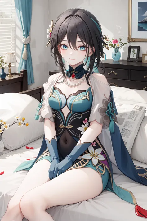 ruanmei,bangs,long hair,dress,gloves,hair between eyes,jewelry,hair ornament,blue eyes,black hair,flower,black gloves,blue dress,<lora:é®æ¢2-000011:0.9:lbw=role>,indoors,bedroom,sitting on bed,light smile,rosaria,, 1girl,
,  (masterpiece,best quality:1.2...