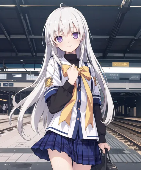 cds school uniform,long sleeves,white hair,purple eyes,long hair,ahoge,bangs,looking at viewer,straight_hair,happy,train station,, masterpiece,best quality,, masterpiece, best quality,