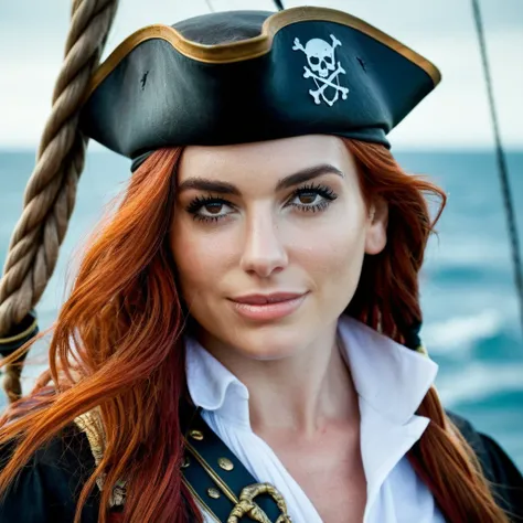 Face portrait photo of a stunning red haired female pirate captain on the open seas,cinematic, high quality, skin texture, looking at the camera,   <lora:dulipa_xl_1_standard-000051:1>, smiling