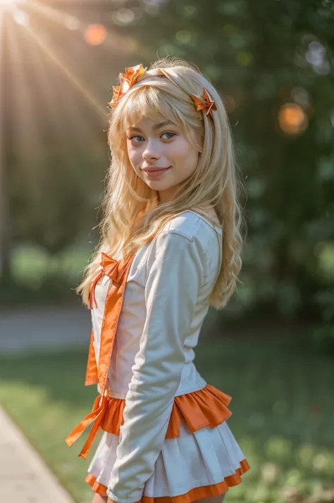 tv_kissnlace_AKA_Jessica_OF_V1 ,((wearing an orange and cheerleader costume)) , 35mm, F/2.8, ((Photo Focus, DOF, Aperture, insanely detailed and intricate, hypermaximalist, beautiful, revealing, appealing, attractive, hyper realistic, super detailed, heres...