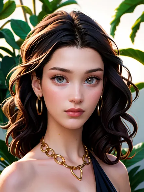 Realistic photo of a beautiful b3ll1h woman, 1girl,solo,long hair,looking at viewer,brown hair,black hair,dress,bare shoulders,jewelry,necklace,black dress,lips,grey eyes,wavy hair,plant,realistic, soft lighting, professional Photography, Photorealistic, d...