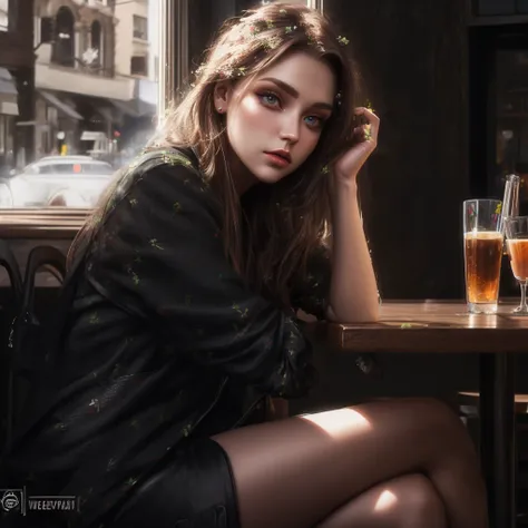 Alexeevafap,<lora:Alexeevafap_v2-000003:1.5>,detailed,realistic,sitting in a cafe 2015,afternoon lightning,piercing eyes,looking straight,dark long hair,Photorealistic,8k,