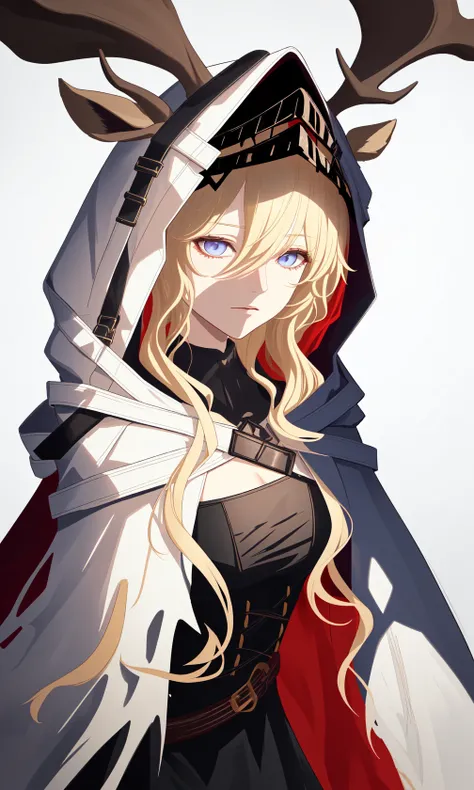 viviana (arknights),long hair,blonde hair,animal ears,deer ears,hood,bangs,hood up,hooded cape,cape,hair between eyes,ears through headwear,white cape,dress,blue eyes,black dress,gloves,candle,<lora:èèå®å¨:1>,