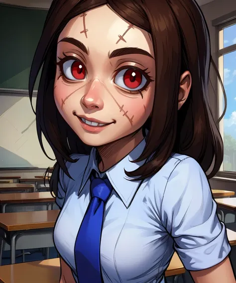 Painwheel,red eyes,brown hair,long hair,(face stitches:1.1),looking at viewer,
upper body,smile,
standing,
blue tie,white collared shirt,skirt,
classroom,
(insanely detailed, beautiful detailed face, masterpiece, best quality),solo,<lora:Painwheel:0.8>,