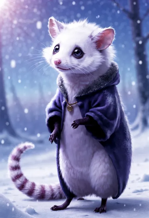 In this stunning artwork by Mahiro Maeda, the main character is depicted as a spellbinding opossum named Snowy. The key visual features a full-length frame of Snowy standing on a snowy landscape with direct light illuminating her from the front. The backgr...