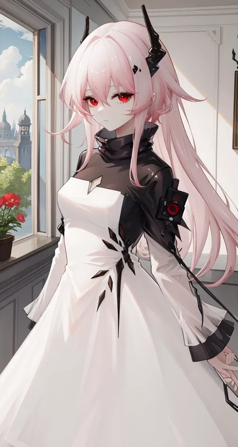 <lora:ç¹è¾è¥¿å¨-000011:1>,theresa (arknights),long hair,horns,dress,white dress,pink hair,long sleeves,bangs,very long hair,red eyes,jewelry,hair between eyes,white hair,indoors,, 1girl,
,  (masterpiece,best quality:1.2),absurdres