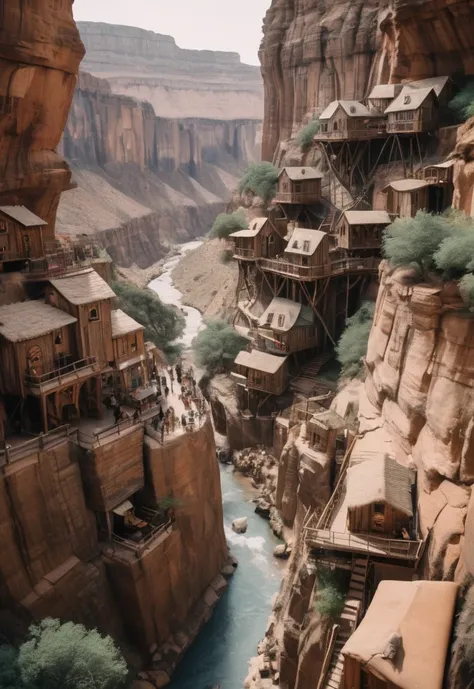 a photo of a gigantic Canyon with a Living (small Tree houses and people and objects) in center, (detailed shot with kodak dslr)