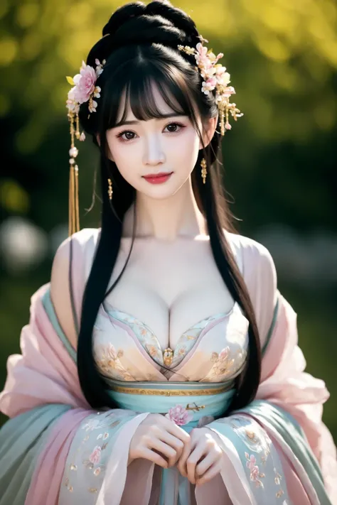 HDR,UHD,8K,best quality,realistic,masterpiece,Highly detailed,1girl,solo,realistic,breasts,looking at viewer,bangs,hair ornament,black hair,flower,smile,cleavage,black eyes,hair flower,upper body,closed mouth,lips,blunt bangs,long hair,outdoors,hanfu,