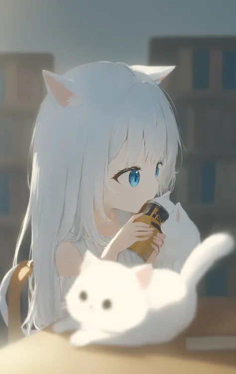 1girl, solo, 
a young girl with white hair and wearing a white dress sits on a couch, embracing a white cat, She has cat ears and a tail, showing her to be a feline creature like human, with a window letting in natural light and a bookshelf full of various...