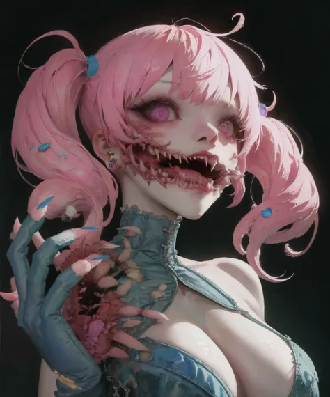 abo, horror, 1girl, solo, open mouth, large breasts, cleavage, twintails, jewelry, upper body, pink hair, heart, earrings, tongue, fingernails, long fingernails, veins, blue gloves, no pupil,  <lora:abo-10:2>