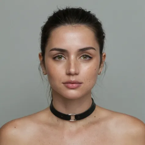 (skin texture, pores, blemishes), super high res portrait photo of a woman wearing no makeup, wearing a thin leather choker,f /2...