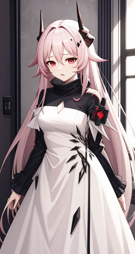 <lora:ç¹è¾è¥¿å¨-000011:1>,theresa (arknights),long hair,horns,dress,white dress,pink hair,long sleeves,bangs,very long hair,red eyes,jewelry,hair between eyes,white hair,indoors,, 1girl,
,  (masterpiece,best quality:1.2),absurdres