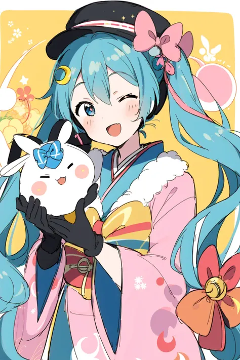 perfect linear art, yuki miku, 1girl, hatsune miku, rabbit, one eye closed, crescent, open mouth, gloves, pink bowtie, rabbit yukine, upper body, blue hair, blue eyes, bow, pink bow, twintails, 1other, smile, kimono, japanese clothes, fur trim, crescent ha...