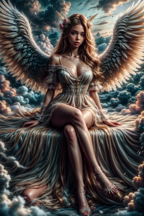 <lora:Angel1:1>, (masterpiece:1.3), (photorealistic:1.3), amazing quality, 8k, detailed skin, 1girl, cloud, sky, feathered wings, angel, dress, low neckline, , blonde, hair flower, sitting, spread legs, <lora:SpreadLegs:0.4>, full body portrait, , beautifu...