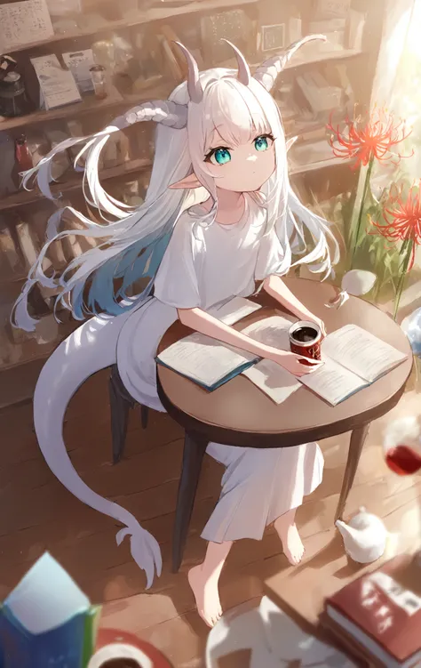 1girl, solo, 
wings, spider lily, flower, pointy ears, tail, dragon tail, dynamic angle, white dress, long skirt, barefoot, dragon tail, dragon horns, dragon wings, cafe, depth of field, table.
In a quaint café imbued with the aroma of fresh coffee, a begu...