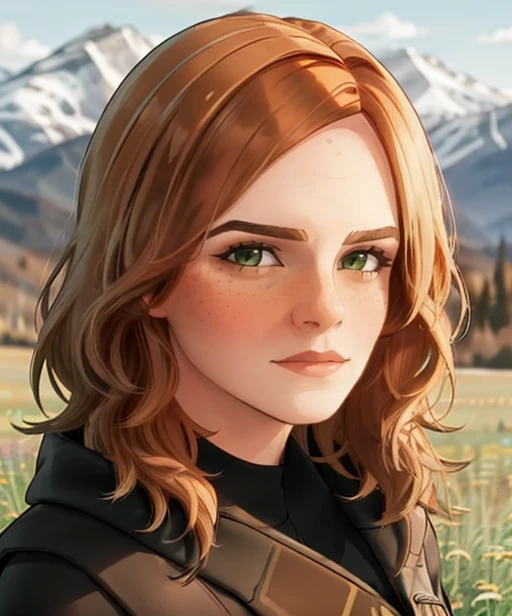 portrait, (adult woman), (1girl, solo), (looking at viewer), ((black witch robes)), freckles, (orange hair, medium hair), (green eyes), ((field, mountains)), (best quality, high detail), ((masterpiece)),   <lora:1_whatif_18e:1>,  <lora:Emma Watson:0.6> Emm...