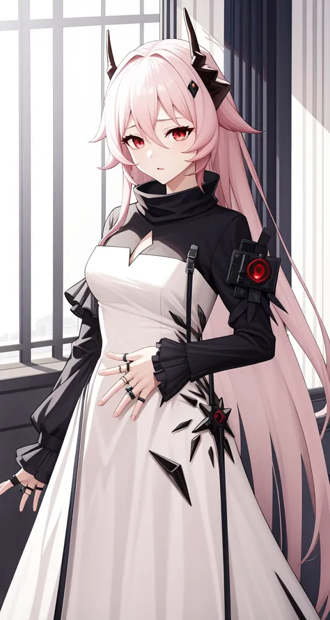 <lora:ç¹è¾è¥¿å¨-000011:1>, theresa (arknights),long hair,horns,dress,white dress,pink hair,long sleeves,bangs,very long hair,red eyes,ring,jewelry,hair between eyes,multiple rings,white hair,indoors, 1girl,
,  (masterpiece,best quality:1.2),absurdres