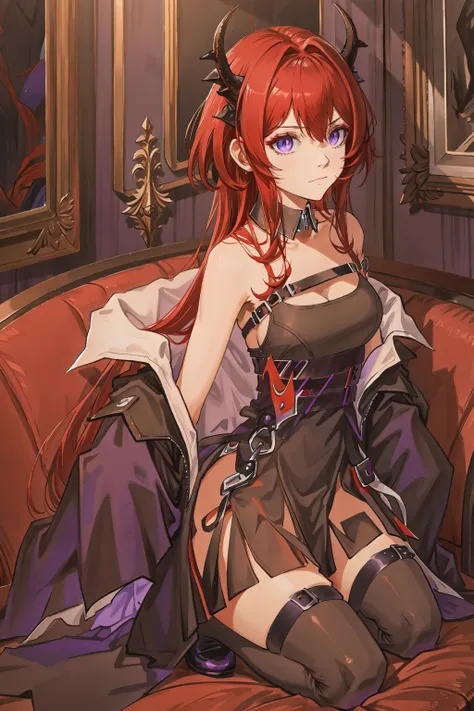 <lora:å²å°ç¹å°-000010:1>,surtr (arknights),surtr (arknights),horns,purple eyes,red hair,long hair,bare shoulders,bangs,dress,black dress,hair between eyes,chest strap,demon horns,off shoulder,thighhighs,black thighhighs,detached collar,indoors,kneeling...