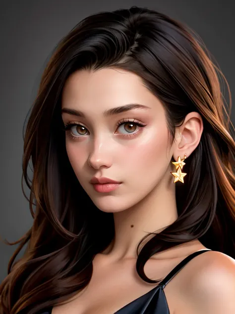 Realistic photo of a beautiful b3ll1h woman, 1girl,solo,long hair,looking at viewer,black hair,dress,bare shoulders,brown eyes,jewelry,earrings,star (symbol),black dress,lips,portrait,realistic, soft lighting, professional Photography, Photorealistic, deta...