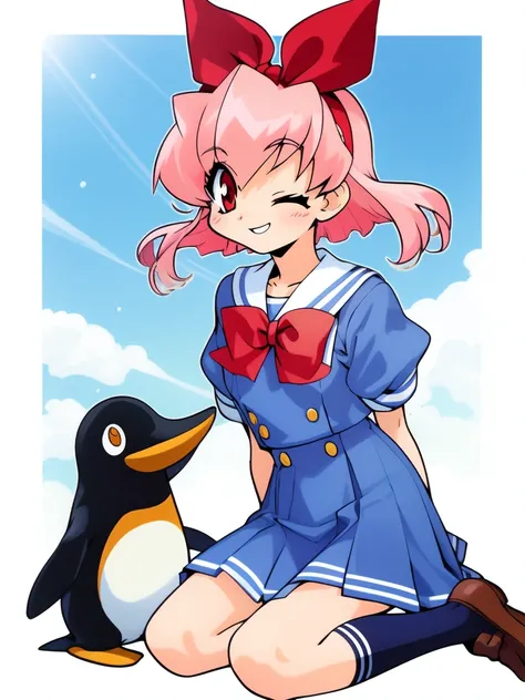 <lora:Takane_Momo:0.8>ãmomo, 1girl, one eye closed, penguin, bird, school uniform, solo, socks, kneeling, bow, smile,  ribbon, blue_sky,
masterpiece, high quality, very_high_resolution, large_filesize, full color,