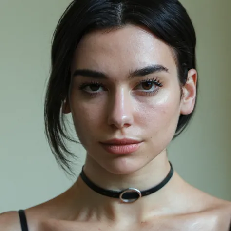 (Skin texture, pores, blemishes), Super high res portrait photo of a woman wearing a thin black ring choker wearing no makeup,f /2.8, Canon, 85mm,cinematic, high quality, skin texture, looking at the camera, skin imperfections,    <lora:dulipa_xl_1_standar...