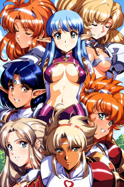 multiple girls, pointy ears, breasts, blue eyes, blonde hair, armor, closed eyes, long hair, retro artstyle, cleavage, shoulder armor, 5girls, navel, orange hair, open mouth, pauldrons, 1990s (style), headband, smile, circlet, dark skin, jewelry, blue hair...