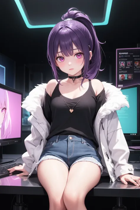 masterpiece, best quality, 1girl, ponytail, hair pin, white fur trimmed jacket, denim shorts, dark purple hair, pink eyes, futuristic, neon light, gaming room, sitting, looking at viewer, close view, choker