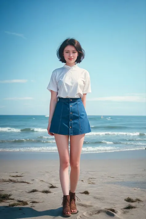 Instagram picture of a beautiful 20 year old pale woman, cotton dress and denim skirt, empty beachfront, ,early mornig epic character composition,by ilya kuvshinov, alessio albi, nina masic,sharp focus, subsurface scattering, f2, 35mm, film grain  , cute s...