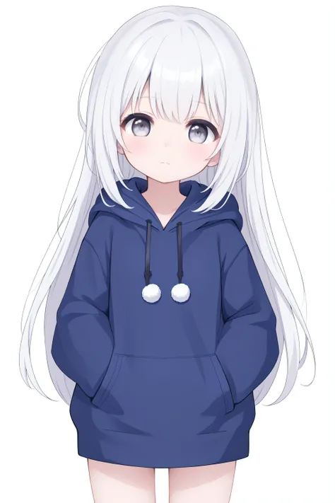 solo, 1girl, grey eyes, sleeves past wrists, white background, blue hoodie, long hair, drawstring, hoodie, white hair, black bow, long sleeves, closed mouth, looking at viewer, bangs, hair bow, blush, sleeves past fingers,