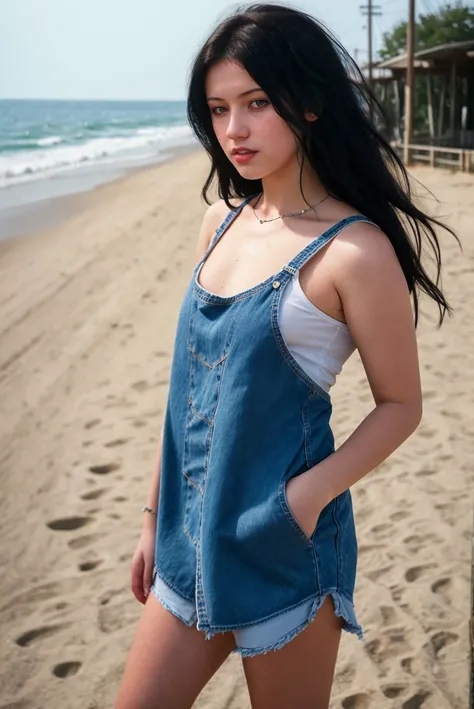 selfie of a beautiful 20 year old pale woman, sundress and denim cutoffs, deserted boardwalk, portait, epic character composition,by ilya kuvshinov, alessio albi, nina masic,sharp focus, subsurface scattering, f2, 35mm, film grain  , long black hair <lora:...