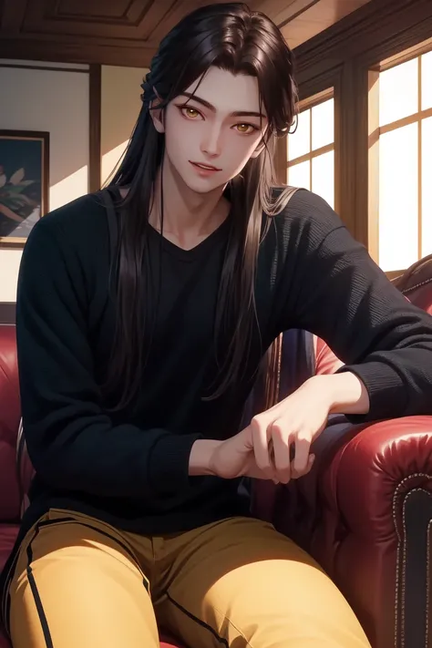 masterpiece, best quality, highres, ultra-detailed, 1boy, 17 years old boy, black hair, long hair, yellow eyes, looking at the viewer, shiny lips, semi-realistic, smiling at the viewer, black comfy top, modern living room, resting on a couch, masculine, (s...