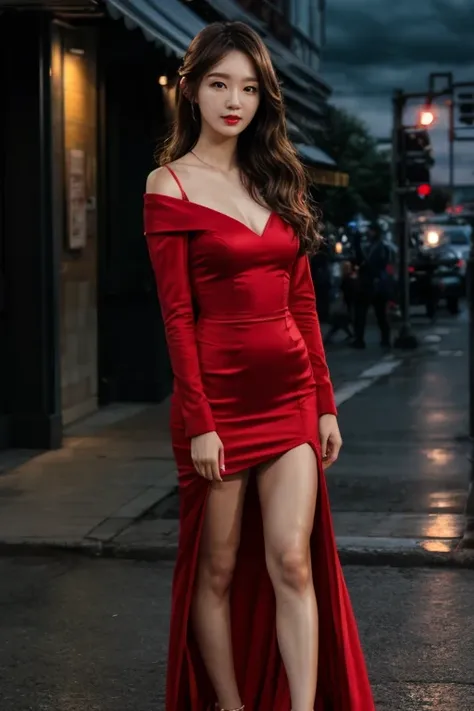 1girl, solo, upper body, (photorealistic:1.4), closed mouth, masterpiece, 8k HDR, (realistic:0.2), cinematic lighting, moonlight, colorful light, city street, (detailed background:1.1), panorama, red dress, red lips, ((night)), slender,