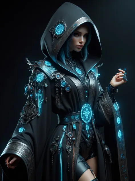 woman, cyberpunk <lora:Cyberpunk_Techno-Mages_SDXL:1>  hermeticwizard, hooded  robe, rune, dynamic pose, (masterpiece:1.2), best quality