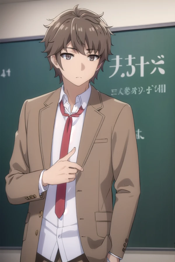 sakutaazusagawa, <lora:sakuta azusagawa s1-lora-nochekaiser:1>, 
sakuta azusagawa, short hair, brown hair, (brown eyes:1.5), male focus,
BREAK shirt, long sleeves, school uniform, jacket, white shirt, open clothes, necktie, belt, pants, blazer, red necktie...