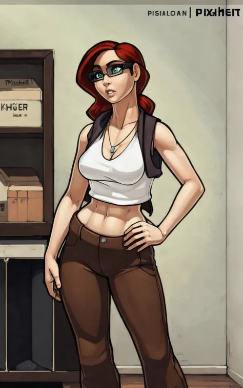 8k,4k,((Best quality, masterpiece, ultra high resolution)),((full body, by pixelsketcher)),  <lora:Sophie:0.8>,sophie, breasts, red hair,glasses, pants, brown pants, cleavage, necklace, black-framed eyewear, white crop top, crop top, sleeveless,midriff,  w...