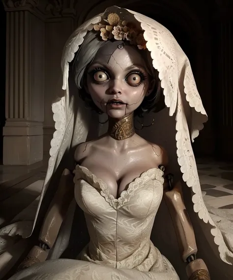 angie,black pupils,grey hair,short hair,doll joints, wide-eyed, 
wedding dress,bridal veil, cleavage, sleeveless, 
sitting,on floor, upper body, 
mansion,dim lighting,
(insanely detailed, beautiful detailed face, masterpiece, best quality),<lora:angie:0.8>...