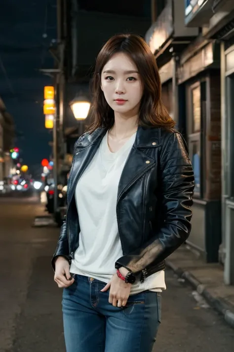 1girl, solo, upper body, (photorealistic:1.4), closed mouth, masterpiece, 8k HDR, (realistic:0.2), cinematic lighting, moonlight, colorful light, city street, detailed background, panorama, leather jacket, short jeans, ((night)),