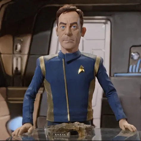 breathtaking <lora:captain_lorca_100x100-step00016000:1> lorca, man, shirt, blue, star trek <lora:CLAYMATE_V2.03_:1> claymation . award-winning, professional, highly detailed