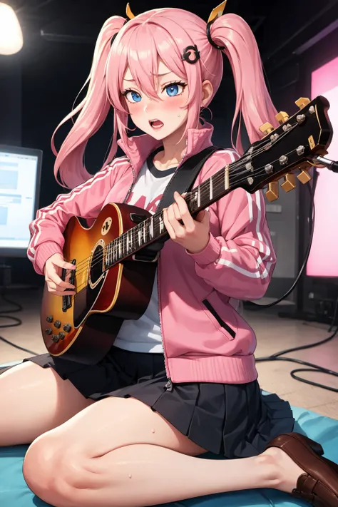 masterpiece, best quality, 1girl, cube hair ornament, pants under skirt, pink hair, hair ornament, guitar, pink jacket, long hair, instrument, track jacket, jacket, electric guitar, gibson les paul, pink pants, skirt, sitting, pants, solo, open mouth, plea...