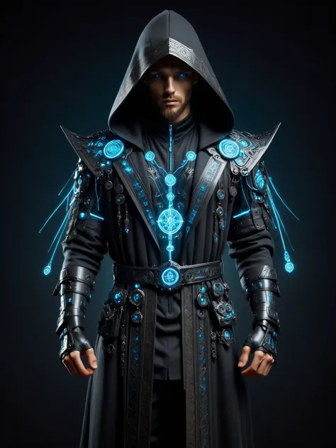 man, cyberpunk <lora:Cyberpunk_Techno-Mages_SDXL:1>  hermeticwizard, hooded  robe, rune, dynamic pose, (masterpiece:1.2), best quality