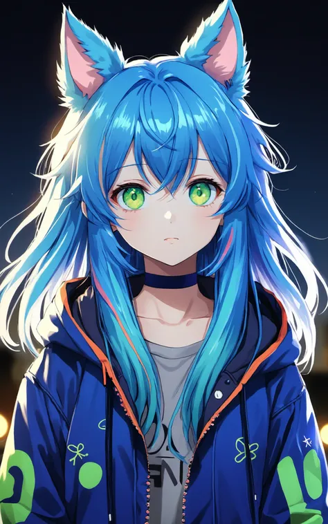 (1girl, solo:1.4), (multicolored hair:1.2), (blue hair:1.2), long hair, streaked hair, halo, looking at viewer, animal ears, green eyes, earring, blue jacket, choker, upper body, floating hair, open jacket
night, full moon, outdoors, ((anime:1.4)), 35mm, i...