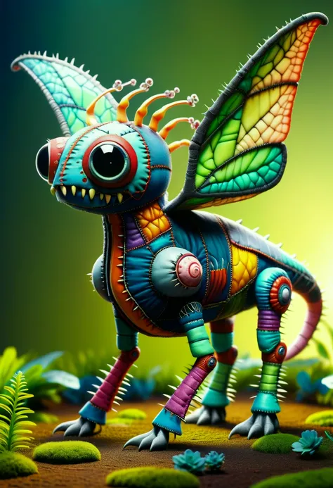 hyper detailed masterpiece, dynamic realistic digital art, awesome quality,DonMFr4nk3nst31nXL patchwork  tiny winged tendrilous serene elongated individual, bipedal octomanual, plantigrade appendages, tailless, spiked-tailed, crystalized skin,     , sewn t...