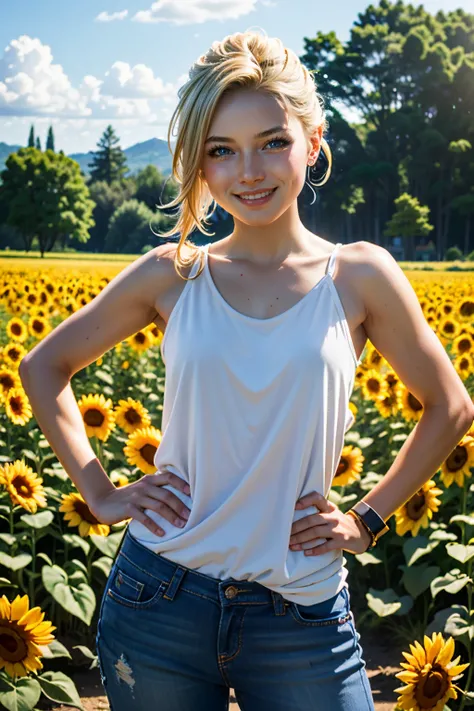 ((ultra detailed, masterpiece, absurdres))
<lora:UncElena:0.9>
UncElena, 1girl, solo, blue eyes, blonde hair, surrounded by sunflowers in a bright field, smiling, with hands on hips