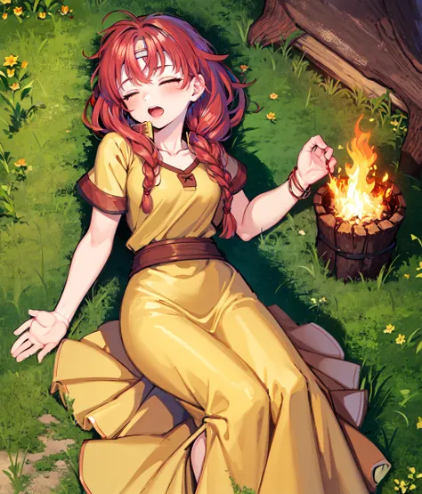 masterpiece, high res, detailed face, detailed eyes, 1 girl, solo, red hair, orange eyes, braids, open mouth, yellow dress, full body, sleeping in the floor, seem from above, forest, bonfire <lora:Tengaar:0.9>