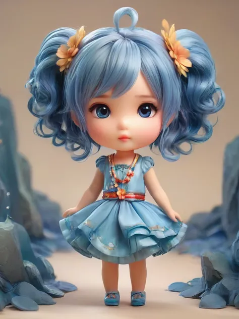 masterpiece,best quality,1girl,cute,chibi,child,Blue hair,Ceremonial hairstyle,