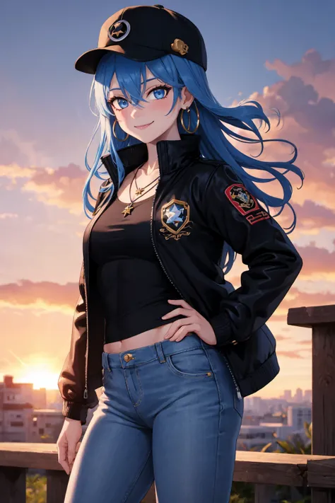 masterpiece, best quality, 1girl, virtual youtuber, solo, blue hair, blue eyes, jewelry, hat, smile, earrings, jacket, necklace, long hair, looking at viewer, pants, sky, lens flare, shirt, jacket on shoulders, black headwear, black jacket, closed mouth, b...