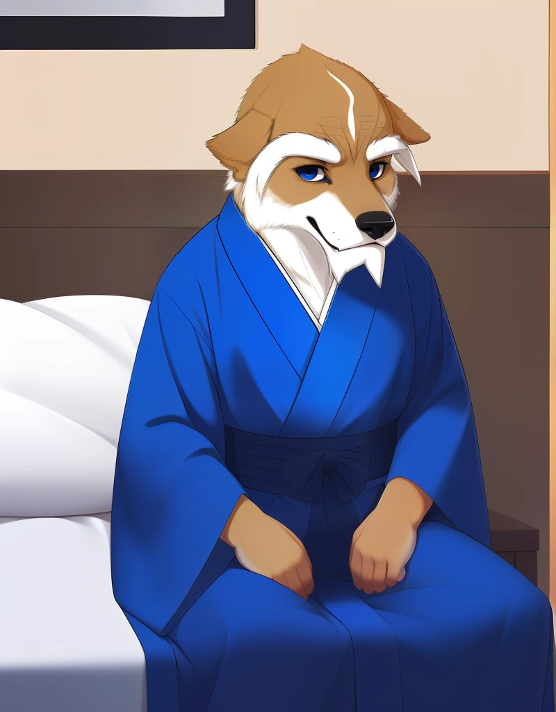 (((detailed eyes, detailed face))), (furry, iwao <lora:character_iwao_findigo_v1_2:0.9>, two-tone fur, white hair, facial hair, long eyebrows, dog boy, snout, old man), male, (solo), (plump:1.4), (blue kimono), sitting, (arms behind back), smile BREAK (kon...