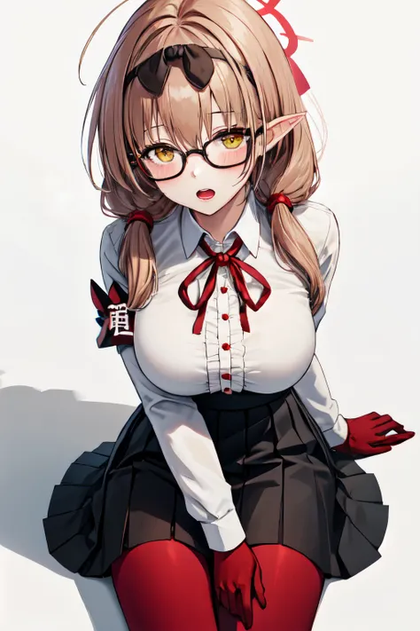 <lora:chinatsu_ba:1> chinatsu ba, black skirt, solo, collared shirt, pantyhose, large breasts, black-framed eyewear, pleated skirt, open mouth, twintails, 1girl, gloves, blush, glasses, white shirt, neck ribbon, red gloves, skirt, long sleeves, armband, wh...