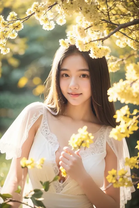 A 18 year old girl , white dress, (smiling:0.3),lace,cleavage, There are many scattered luminous petals,hidding in the light yellow flowers,Depth of field, Many scattered leaves,branch,angle,contour deepening, cinematic angle,