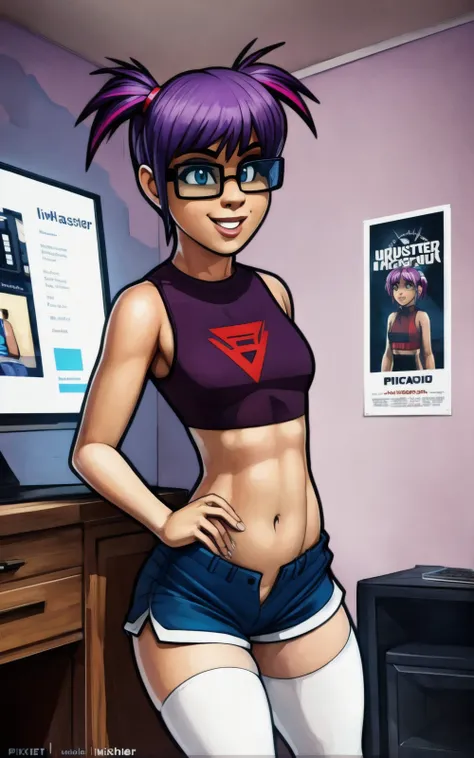 8k,4k,((Best quality, masterpiece, ultra high resolution)),((full body, by pixelsketcher)),   <lora:Elly:0.8>,elly,shorts, midriff,navel, purple hair, short hair, crop top, sleeveless, bare shoulders, short shorts, opaque glasses,glasses,flat chest, multic...